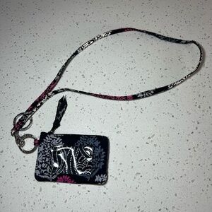 Vera Bradley Zip ID Case with Lanyard Northern Lights Magenta Black Key Ring Zip